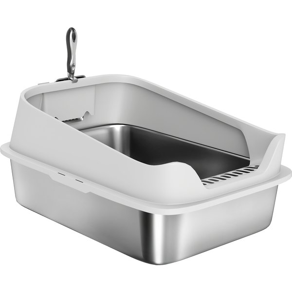 Pawhut Bac à LitièRe En Acier Inoxydable Ouvert Avec Pelle, Bord Haut Pour Grands Chats Jusqu'à 7 Kg, 60,2 X 40,2 X 29,7 Cm, Gris-image