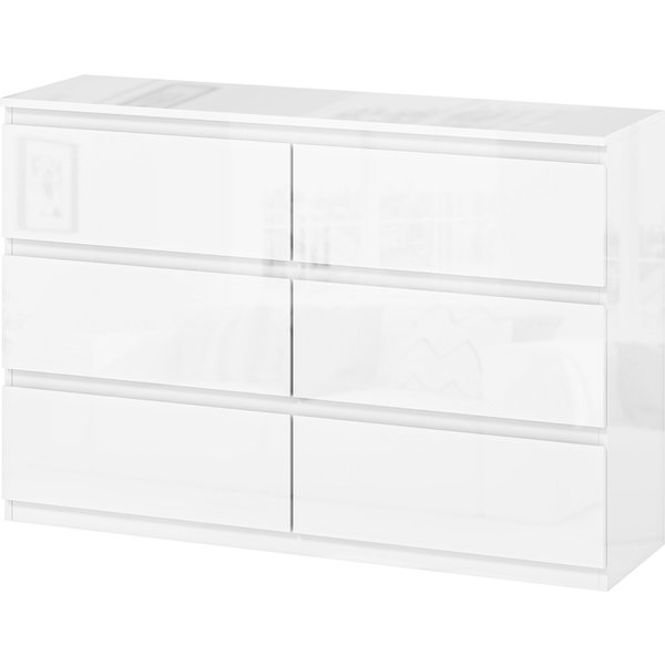 Homcom Commode De Chambre Avec 6 Tiroirs Commode Pour Salon Bureau Style Moderne 112X34X75 Cm Blanc Brillant-image