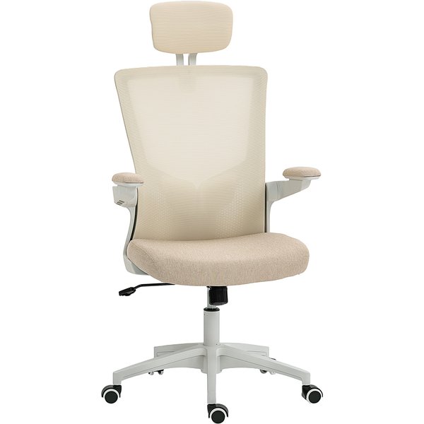 HOMCOM Ergonomischer Bürostuhl, höhenverstellbarer Bürostuhl mit Lendenstütze, Kopfstütze, hochklappbaren Armlehnen, Wippfunktion, 360°-Drehung und Rollen, beige Aosom