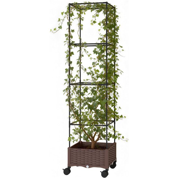 Outsunny JardinièRe Avec Treillis Et Roues Avec Drainage Pour Cultures LéGumes Fleurs Herbes 40X40X165 Cm Marron-image