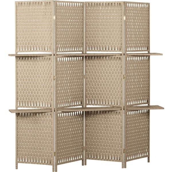HOMCOM Raumteiler 4 Paneele 181L x 180H cm, 2 klappbare Ablagen, Kiefernholz/Bambus, geflochtene Papierfasern, Naturstroh Aosom