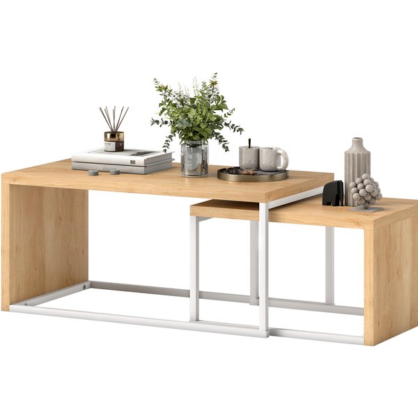 Homcom Jeu De 2 Tables Basses Table Gigogne Moderne Cadre En MéTal Pour Salon 90X48X42 Cm Et 59X42X36 Cm Naturel Et Blanc-image