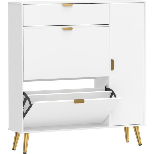 HOMCOM Schuhschrank für 12 Paar, schmaler Schuhschrank, 2 kippbare Schubladen, 4 Fächer, verstellbare Einlegeböden, Front Lederoptik, für Flur und Eingang, 99,4x23,8x106,6cm, weiß Aosom