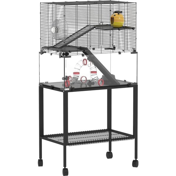 Pawhut Cage Pour Hamster, Enclos Pour Petits Animaux à 3 Niveaux, Roue, Hutte, Plateformes, Rampes, Gamelle, Bouteille D'eau, Accessoires, Acier, Plastique, Noir-image