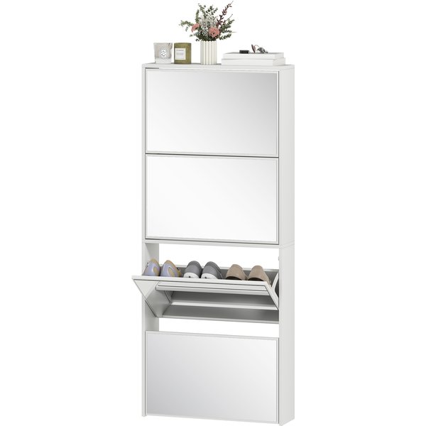 Homcom Meuble à Chaussures éTroit Avec Miroir Et 4 Portes Basculantes Pour 12 Paires De Chaussures 63X17X146 Cm Blanc-image