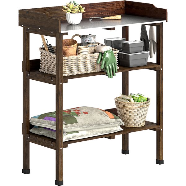 Outsunny Table De Jardinage En Bois Avec Plateau MéTallique, éTagèRes Et Crochets Pour Jardin Terrasse 76X37X89 Cm Carbonisé-image