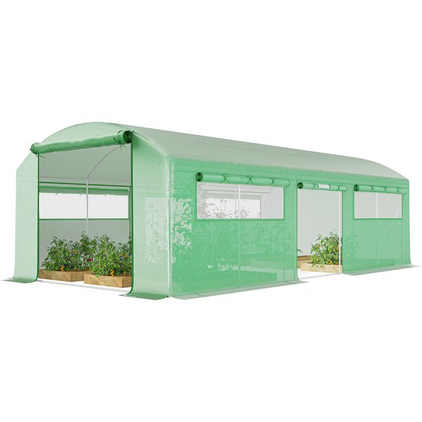 Outsunny Serre Tunnel 6X3X2 M Avec 3 Portes Enroulables, 6 FenêTres à Moustiquaire Et Structure En Acier Galvanisé, Vert-image