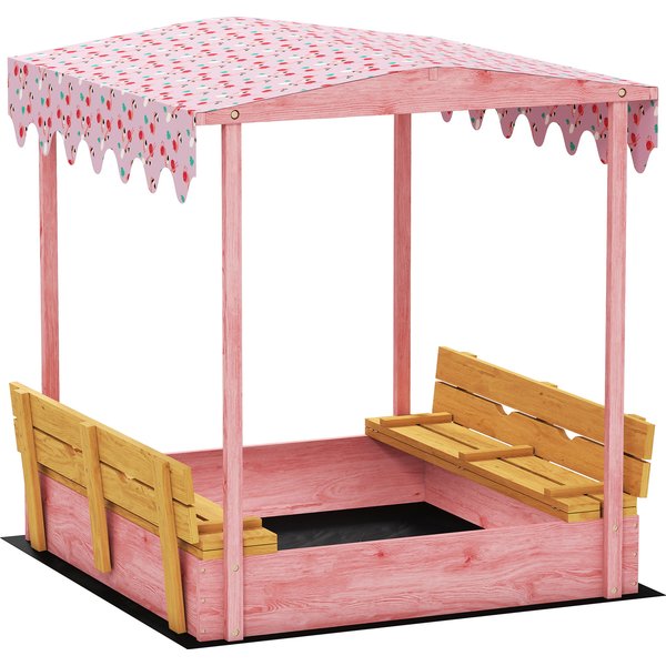 AIYAPLAY Sandkasten für Kinder 3-6 Jahre mit Flamingo-Überdachung, klappbare Sitzbänke, Deckel und Einsatz, Sandkasten aus Fichtenholz, 134.5x127.5x130 cm, Rosa Aosom