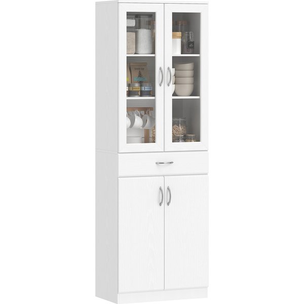 Homcom Armoire De Cuisine Buffet Avec éTagèRe RéGlable Tiroir 2 Portes Meuble Haut Avec Porte VitréE 60 X 35 X 180 Cm Blanc-image