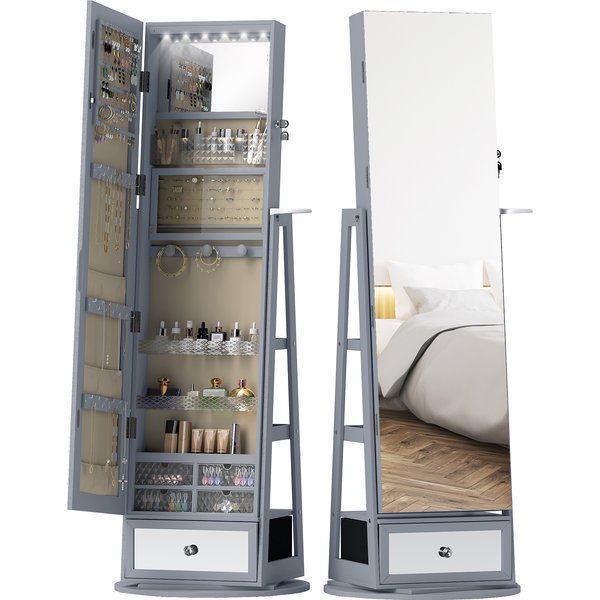 Homcom Miroir-Coffre à Bijoux Avec Led Armoire à Bijoux Avec Miroir Pleine Longueur Pivotant à 360° Tiroir Serrure Gris Clair-image