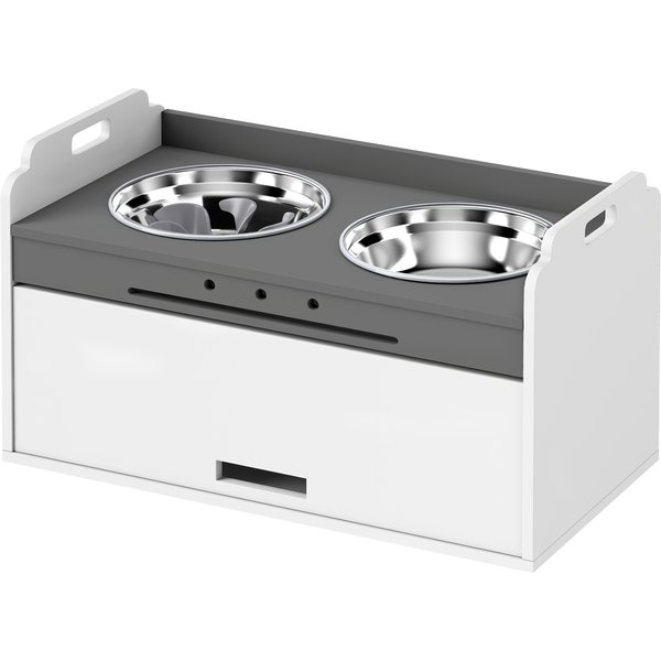 Pawhut Gamelle SuréLevéE Avec Armoire De Rangement, 2 Bols Avec Anneaux AntidéRapants, 60 X 30 X 35,5 Cm, Blanc-image