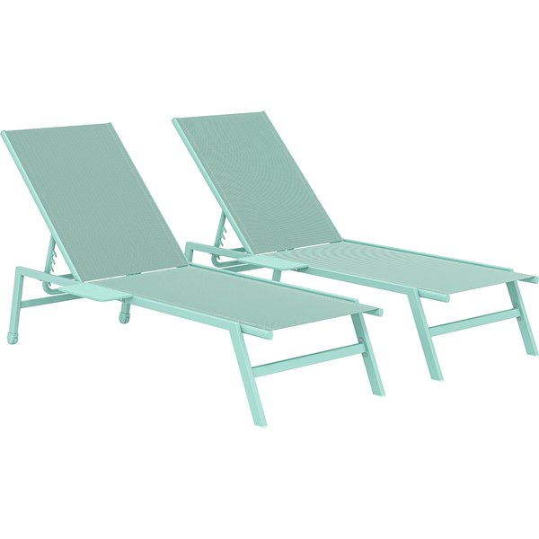 Outsunny Set mit 2 Garten-Sonnenliegen mit Seitentisch, Rückenlehne in 5 Stufen verstellbar, Gartenliegen aus Texteline mit 2 Rollen, für Strand, Pool, Terrasse, 74x190x35 cm, Grün Aosom