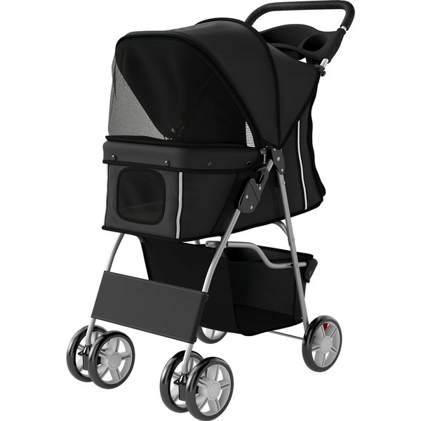 Pawhut Poussette Pour Chiens Pliable Avec Panier Et Porte-Gobelet, Poids Max. 10 Kg, 77X44X102 Cm, Noir-image