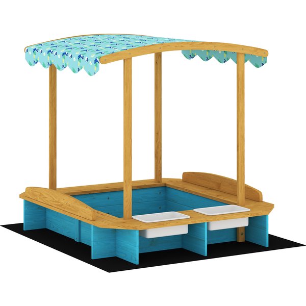 AIYAPLAY Sandkasten aus Holz mit Dach, Kindersandkasten mit 3 Bänken, 2 PP-Boxen, Unterlage, Sandkasten für Kinder 3-6 Jahre, für Terrasse, Garten, Balkon, 128x118x121 cm, Blau Aosom