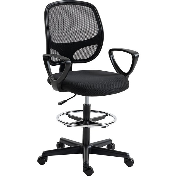 HOMCOM ergonomischer Bürostuhl, Bürodrehstuhl mit Fußring und Armlehnen, Mesh‑Zeichenstuhl, höhenverstellbar, Lendenstütze, 360° drehbar, für Studio & Home‑Office, schwarz Aosom