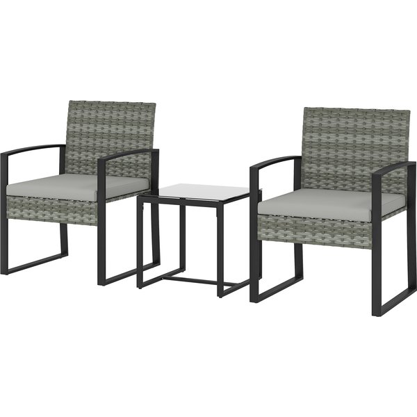 Outsunny Set Bistro En Rotin, Ensemble De Jardin 3 PièCes Avec 2 Chaises De Jardin, Table Basse, Coussins Amovibles Gris Clair-image