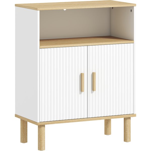 HOMCOM Badezimmerschrank, Aufbewahrungsmöbel mit 2 Türen, offenes Fach und verstellbares Regal, Schrank für Bad, Wohnzimmer, Schlafzimmer, 60 x 29,5 x 76,5 cm, weiß und Naturholz Aosom