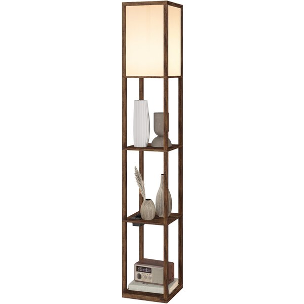 Homcom Lampadaire Sur Pied Avec éTagèRes, LumièRe RéGlable, Interrupteur-PéDale Et Ports Usb, Marron-image