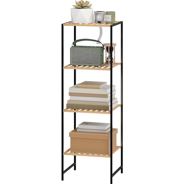 Homcom ÉTagèRe Sur Pied Pour Salle De Bain En Bambou Et Acier, 4 Tablettes, éTagèRe 4 Niveaux, 36,5 X 33 X 110 Cm, Bois Naturel-image