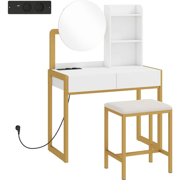 HOMCOM Schminktisch mit Spiegel und Hocker, Ladestation, Schminktisch mit 2 Schubladen, 3 offenen Regalen, gepolsterter Sitz, Metallrahmen, für Schlafzimmer, weiß Aosom