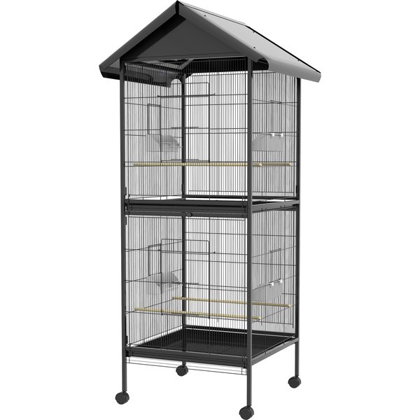 PawHut VolièRe Pour Oiseaux Sur Roulettes Avec Plateaux Extractibles Et Perchoirs, En MéTal, 71.8X71.8X170.2 Cm, Noir-image