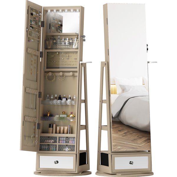 Homcom Miroir-Armoire à Bijoux Avec Led Armoire à Bijoux Avec Miroir Pleine Longueur Pivotant à 360° Tiroir Serrure Naturel-image
