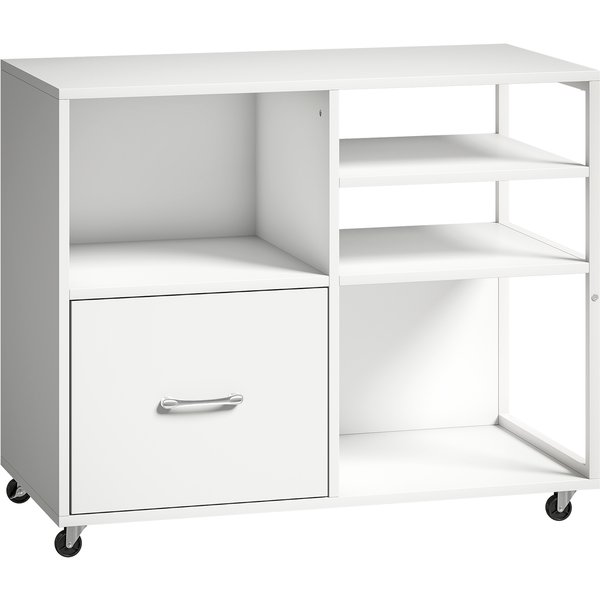 HOMCOM Druckertisch auf Rollen, Druckermöbel mit offenen Regalfächern und Schublade für A4- und Letter-Dokumente, Mobiler Aktenschrank fürs Homeoffice, Weiß Aosom