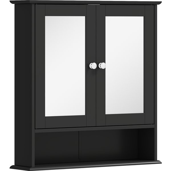 kleankin Spiegelschrank fürs Badezimmer, wandhängender Schrank mit 2 Türen, offene Ablage, verstellbarer Einlegeboden, hängender Badschrank für Küche, Wohnzimmer, 56x13x58 cm, Schwarz Aosom