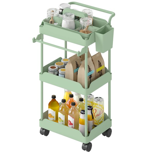 Homcom Chariot Auxiliaire à Roulettes 3 Niveaux Chariot De Cuisine Avec Paniers Amovibles Et Porte-Serviettes Vert-image