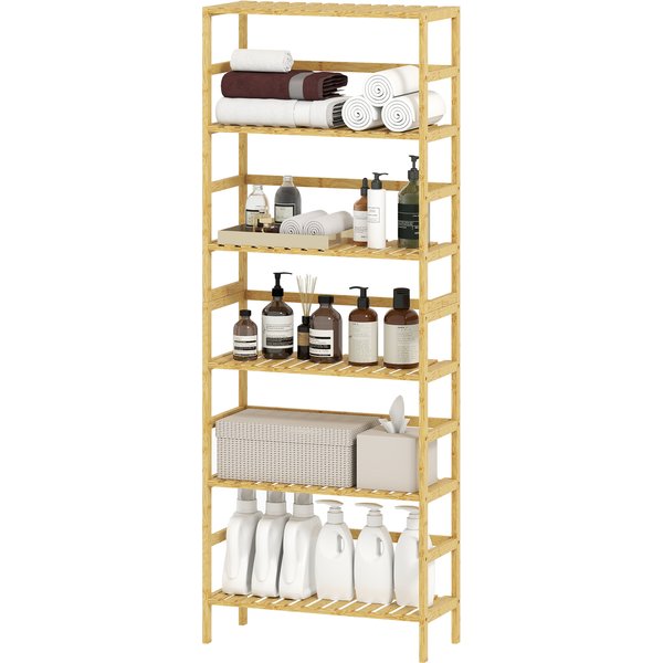 Homcom ÉTagèRe En Bambou 6 Niveaux BibliothèQue Pour Petits Espaces Salle De Bain Salon Et Cuisine Naturel-image