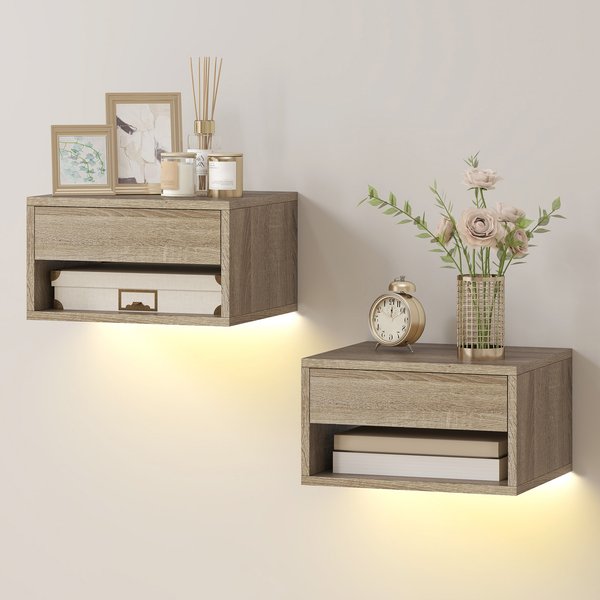 Homcom Ensemble De 2 Tables De Chevet Flottantes Avec LumièRes LED RGB ContrôLe Via APP Tiroir ÉTagèRe Ouverte Bois Naturel-image