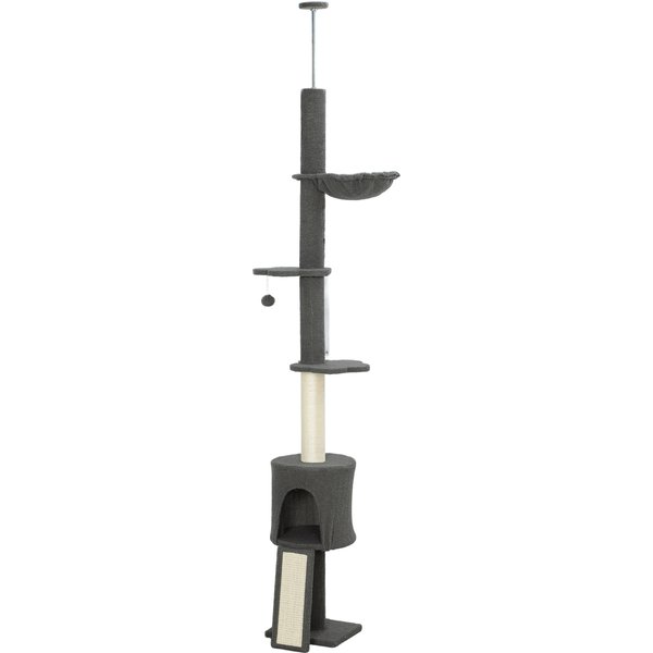 Pawhut Arbre à Chat Plafonnier Haut 220-240 Cm Avec Hamac, Maisonnette, Plateformes En Fleur Et Poteaux En Sisal, Gris-image