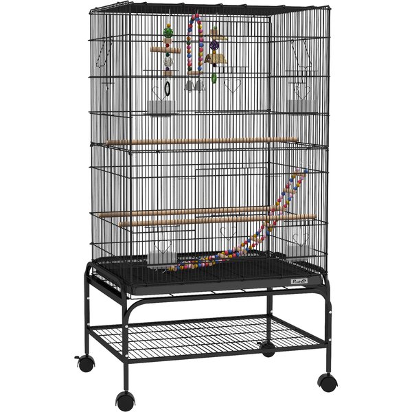 PawHut Vogelkäfig 110 cm, Voliere für Wellensittiche, Nymphensittiche, Kanarien, Unzertrennliche, Finken mit Rollen, 4 Futterbehälter, Spielzeug, herausziehbares Tablett, Ablage, Schwarz Aosom