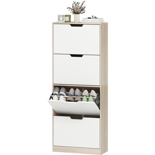 Homcom Meuble à Chaussures Gain De Place Slim à 4 Tiroirs Pour 20 Paires De Chaussures 62.5X26X156 Cm, Couleur Bois Et Blanc-image