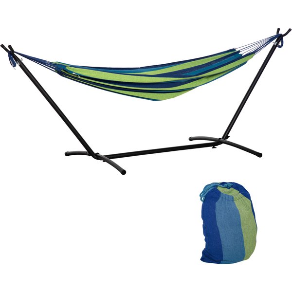Outsunny Gartenhängematte 310x117 cm mit höhenverstellbarem Gestell, Tragfähigkeit 120 kg, freistehende Hängematte mit Tragetasche, für Camping, Garten, Balkon, Patio, Grün und Hellblau Aosom
