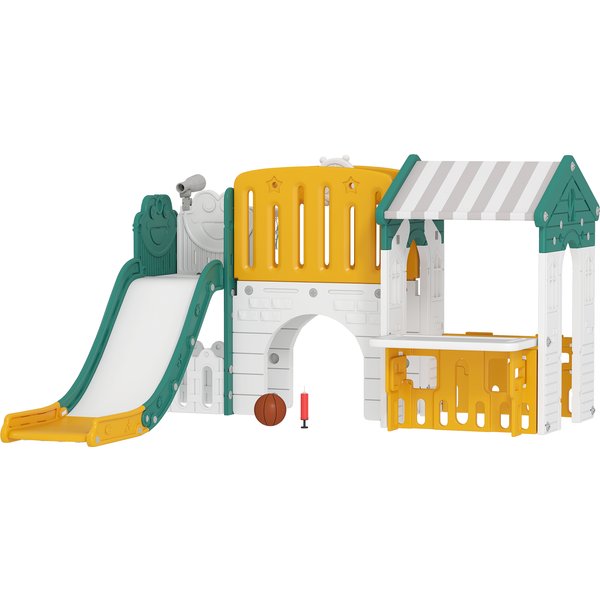 Aiyaplay Toboggan 7-En-1, Aire De Jeu IntéRieure, Structure D'escalade, Maisonnette, Tableau, Panier De Basket, 1-4 Ans, Plastique, Jaune+Vert-image