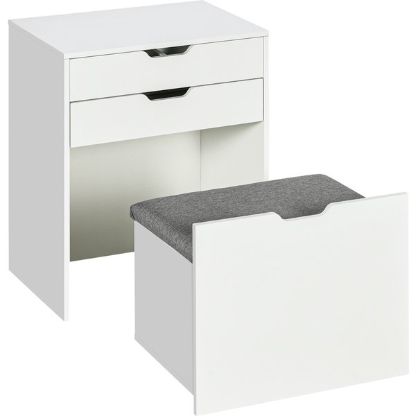 Homcom Coiffeuse De Maquillage Avec Tabouret Caché, Miroir Abattant, Tiroir Et 7 Compartiments, Tabouret Avec Rangement, Blanc-image
