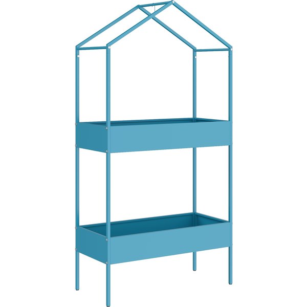 Outsunny 2-stufiger Metall-Pflanzenständer in Hausform, Pflanzenregal mit Haken für Innen- und Außenbereich, 75x35x150 cm, Blau Grün Aosom
