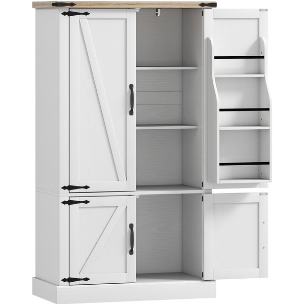 HOMCOM Küchenbuffet, Küchenschrank, Vitrinenschrank, 4 Türen, 6 Gewürzhalter und verstellbare Einlegeböden, rustikaler Stil, Aufbewahrungsmöbel für Wohnzimmer, Esszimmer, 76,3 x 40 x 136 cm, weiß Aosom