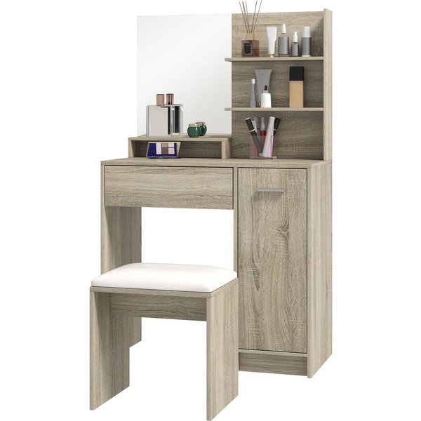 Homcom Coiffeuse De Maquillage Avec Tabouret Miroir éTagèRes Ouvertes Tiroir Et éTagèRe RéGlable Anti-Basculement Naturel Et Beige-image