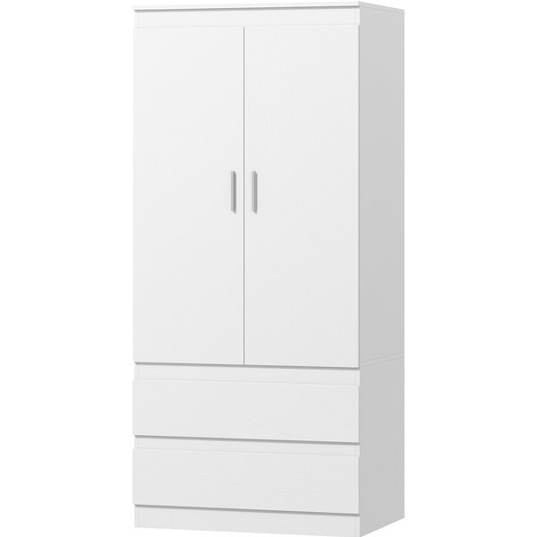 Homcom Armoire De Chambre Avec 2 Portes, 2 Tiroirs, 3 Compartiments, Bois, Blanc-image