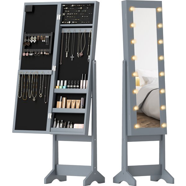 Homcom Miroir Coffre à Bijoux Avec Led Armoire à Bijoux Armoire à Bijoux Sur Pied Miroir IntéGral Angle RéGlable Gris-image