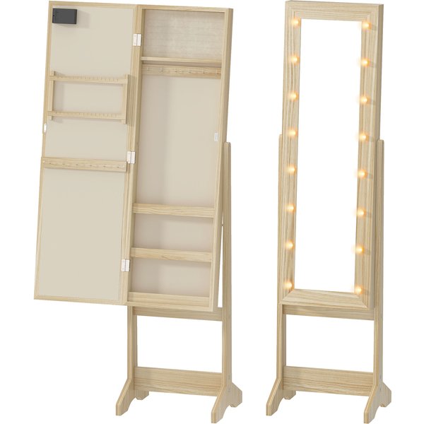 HOMCOM Schmuckschrank mit LED-Beleuchtung, Schmuckschrank, Stand-Schmuckschrank mit Ganzkörperspiegel, winkelverstellbar, mit Ablagen und Ringschlitzen, Naturholz Aosom