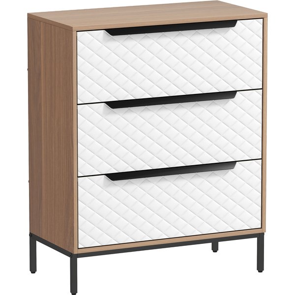 HOMCOM Stoffkommode mit 3 Schubladen, Schlafzimmerkommode, Schubladenfronten mit Diamantmuster, Kommode für Wohn- Büro- und Ankleidezimmer, Natur und Weiß Aosom