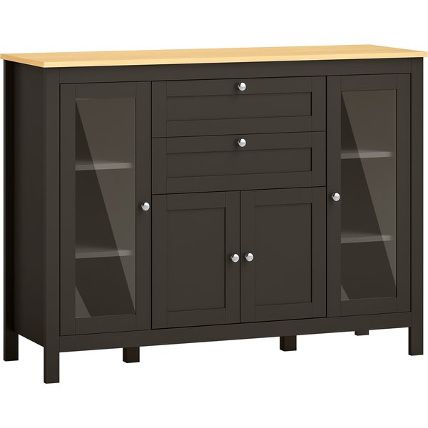 HOMCOM Sideboard, Aufbewahrungsmöbel mit 1 zweitürigem Schrank, 2 Schränken mit Glastür, 2 Schubladen und verstellbarem Einlegeboden, moderner Stil, Sideboard für Esszimmer und Küche, 120x40x90cm, schwarz Aosom