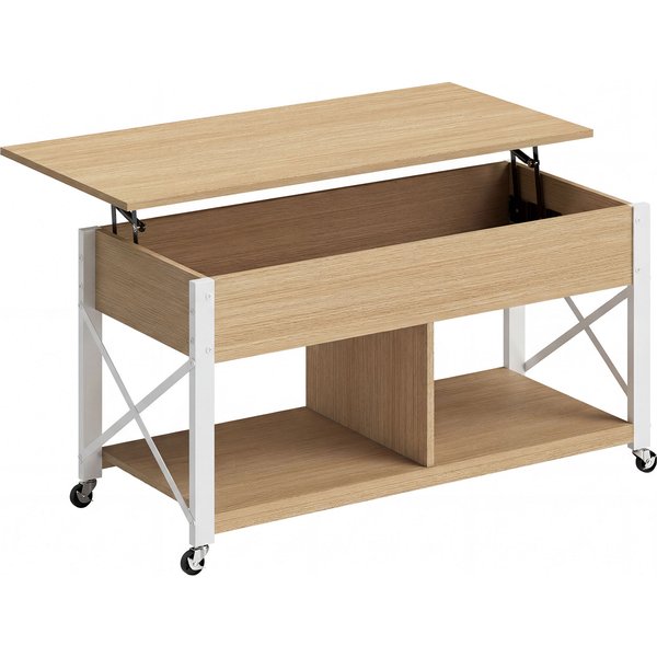HOMCOM Höhenverstellbarer Couchtisch mit Rollen, Wohnzimmertisch mit verstecktem Fach, offenen Ablagen, Kaffeetisch für Esszimmer, Büro, 105x50x67 cm, Naturholz und Weiß Aosom