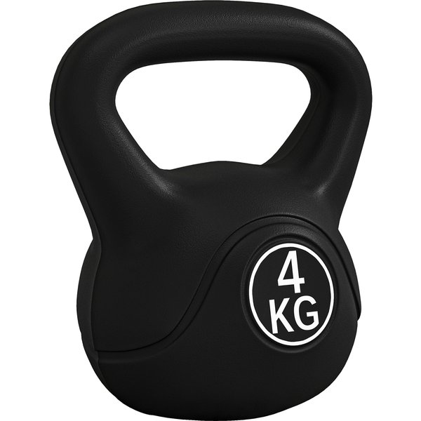 HOMCOM Kettlebell 4 kg, Kunststoffüberzug & Sandfüllung, breiter Griff, flache Basis, ideal für Krafttraining, Zuhause & Fitnessstudio, Schwarz Aosom