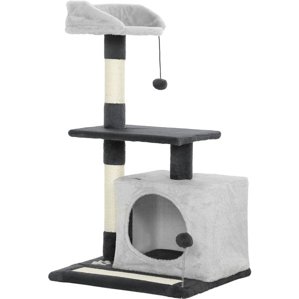 PawHut Kratzbaum für Katzen 85 cm hoch, Katzenturm für Katzen und Kätzchen mit Häuschen, oberem Liegeplatz, Bällchen, Sisal-Pfosten und Kratzmatte, Hellgrau Aosom