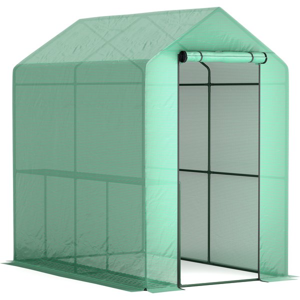 Outsunny Gewächshaus PE mit 2-stöckigem Regal, Balkongewächshaus, verstärkte Abdeckung 140 g/m², Stahlgestell, aufrollbare Reißverschlusstür, für Gemüse, Pflanzen, Blumen, 186 x 120 x 190 cm, grün Aosom