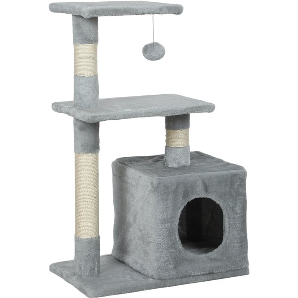 PawHut Kratzbaum für Katzen mit Häuschen, 2 Plattformen und Spielball, Kratzbaum aus Spanplatte, Sisal und Plüsch, 50x30x81.5 cm, Grau Aosom
